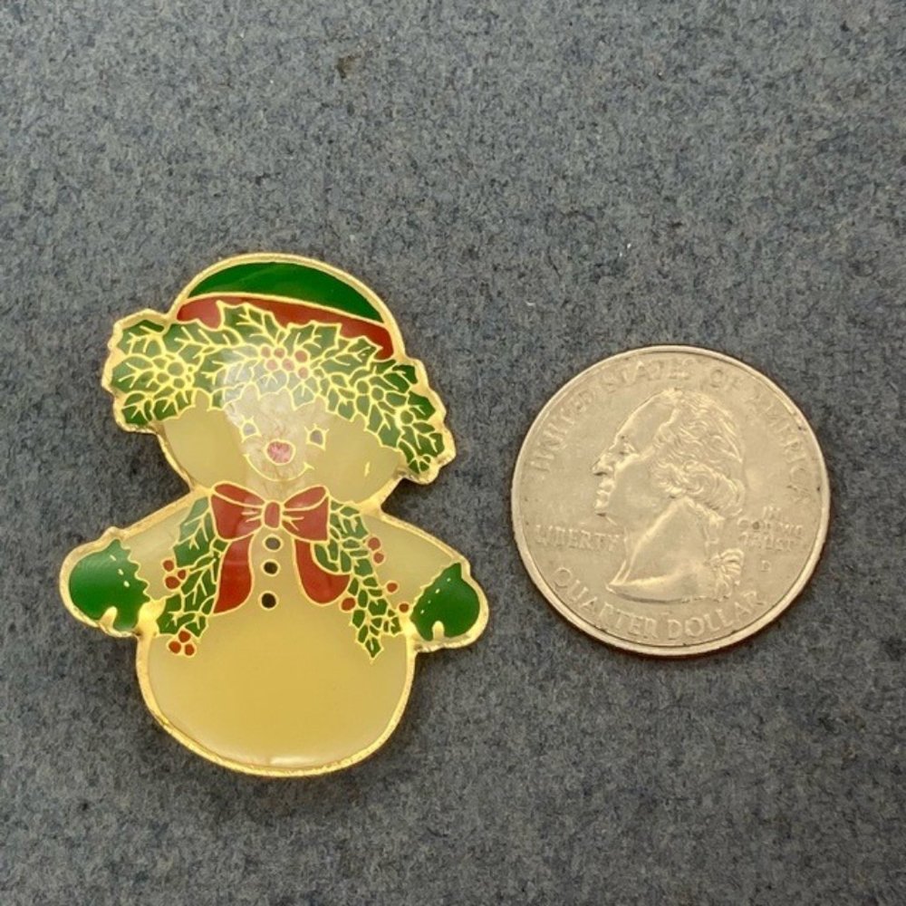 Christmas Pin Brooch Snowman White Enamel Gold Red Green Cookie Cutter Retro
